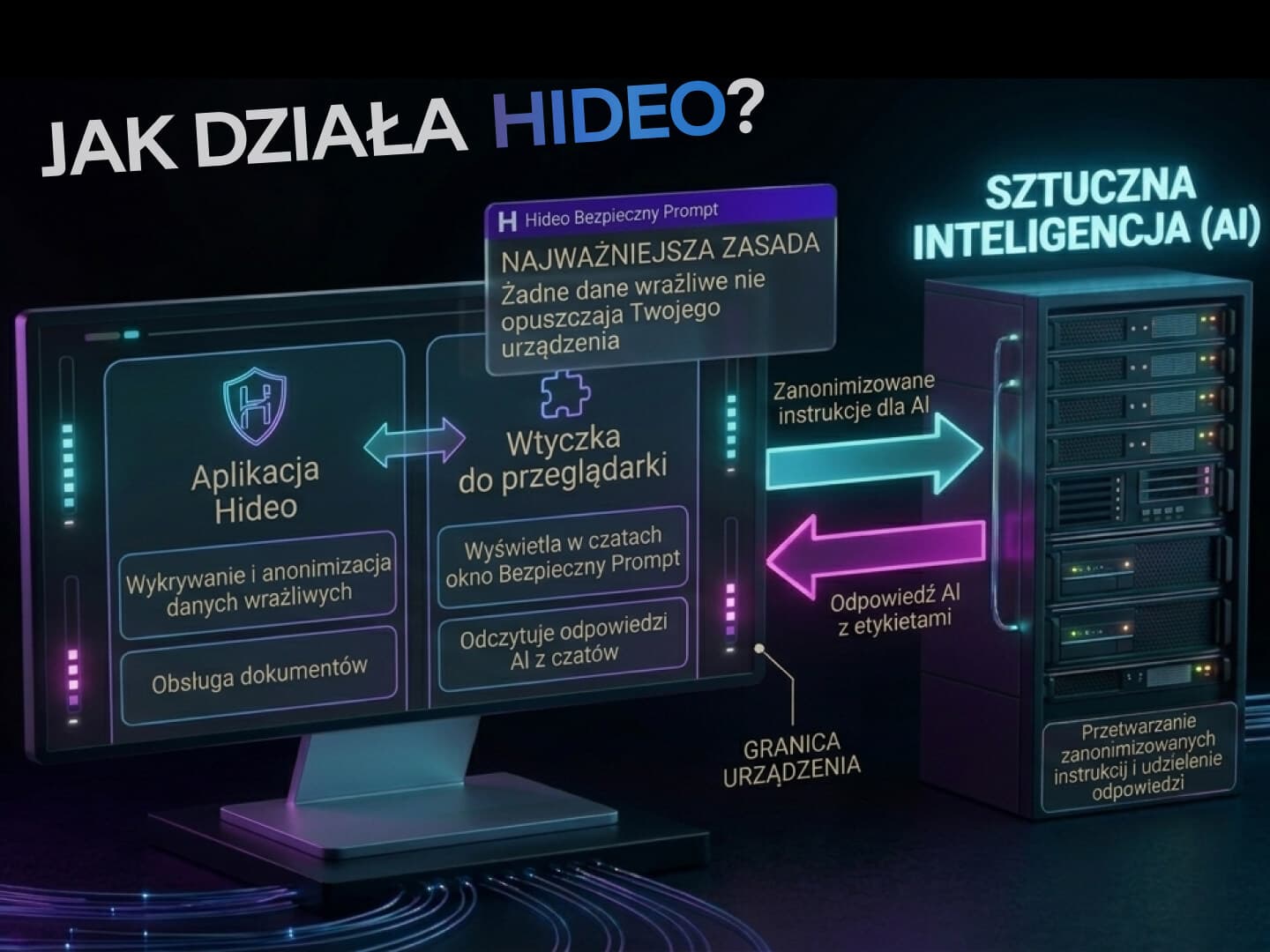 Schemat architektury lokalnej - rozszerzenie Chrome i aplikacja desktopowa przetwarzające dane przed wysłaniem do AI i bez wysyłania danych na serwery Hideo